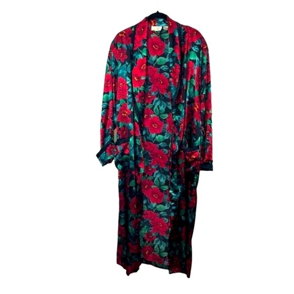 Vintage VICTORIA’S SECRET Long Robe Black Vibrant Red Flowers Satin Sz S - Picture 1 of 11